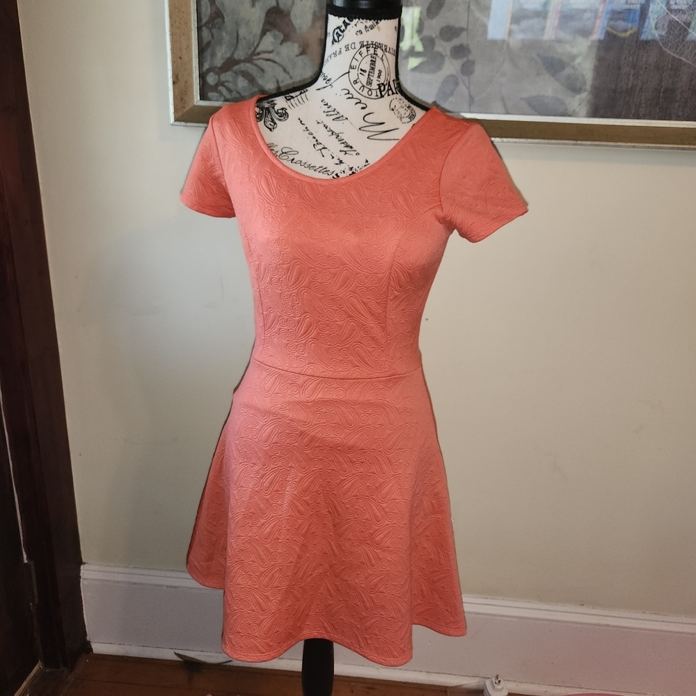 Alya Coral Textured Short-Sleeve Fit-and-Flare Mini Dress